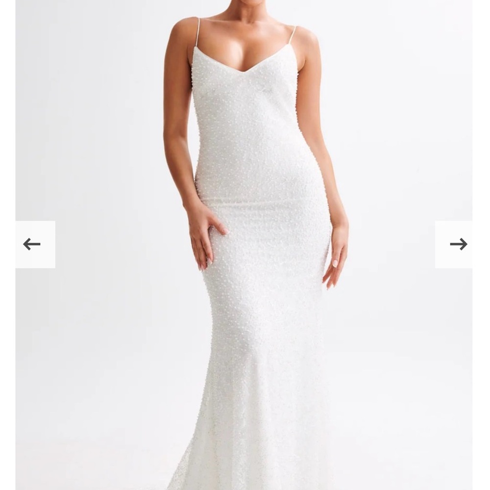 Meshki White Beaded Gown with Spaghetti Straps